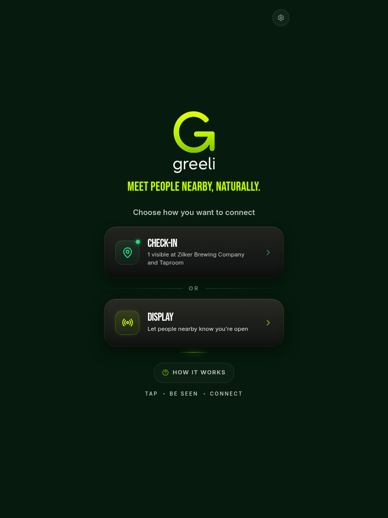Greeli app home — Check In or Display